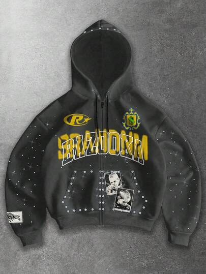 Street Life Felpa casual da uomo con stampa di lettere e figure in strass, con cerniera anteriore e coulisse