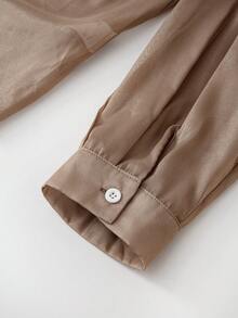 SHEIN LUNE CURVE Casual Brown Two Piece Set With Semi-Sheer Long Sleeve Button Front Top And Long Skirt For Women - Brown - View 4