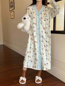 DAZY Striped Puppy Print Contrast Collar Loose Mid-Length Women Bathrobe - Beige - View 6