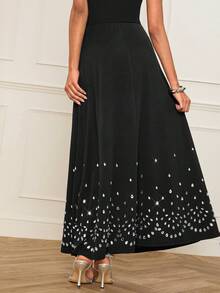 Lilora Women's Black Knitted Long Flared Skirt With Elegant Crystal Bead Geometric Detailing And Zipper - Black - View 8
