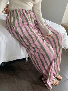 Dazy Plus 时尚弹力腰带抽绳宽松直筒条纹长款睡裤 - 粉色 - 查看 8