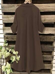 SHEIN Tall CURVE 大码女式法式休闲V领短袖夏季连衣裙 - 棕色 - 查看 2