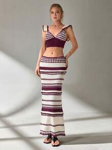 EURMUSE Women Top And Skirt Openwork Sweater Cover Up Set - Burgundy - View 3
