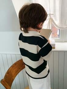 DAZY Toddler Boys' Striped Short Sleeve Polo Shirt - Black and White - View 2