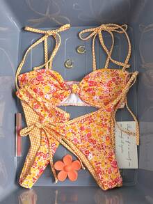 Swim Mod 针织花卉格纹性感无钢圈印花两件式比基尼套装，优雅甜美夏季女士泳装，适合派对、海滩、郊游 - 彩色 - 查看 3