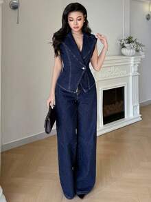 Modelyn Dammode Crossover Wrap Ärmlös Denim Jumpsuit - Mörktvätt - Visa 4