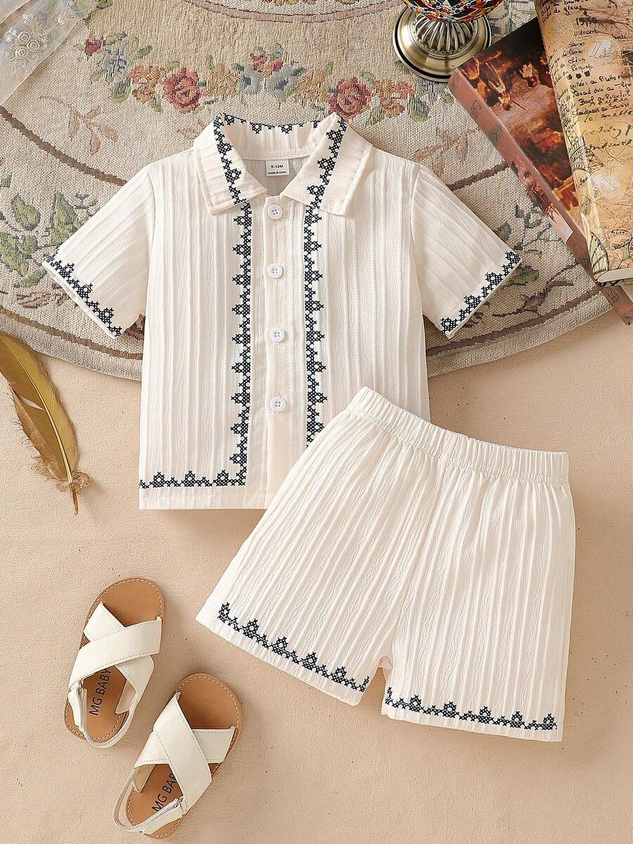 SHEIN Baby Boy Geometric Pattern Patchwork Collar Short Sleeve Shirt And Shorts Set - Apricot - View 1