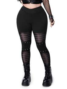 Whyspr 大码朋克风鸡眼织带条纹紧身裤 - 黑色 - 查看 4