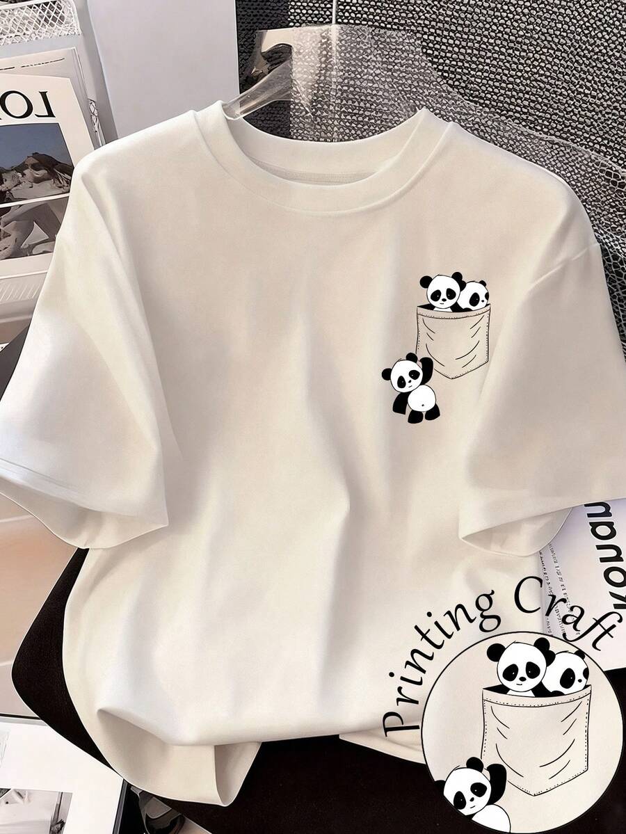 SHEIN 女士休闲卡通熊印花圆领短袖T恤