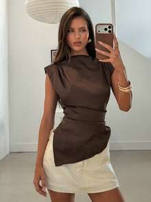 Aloruh Áo sơ mi dáng ôm vai rộng, chất liệu vải chéo màu cà phê, thanh lịch, thích hợp đi làm, công sở, kiểu dáng bất đối xứng. - Cà phê nâu - Xem 2