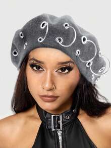 ROMWE Grunge Punk 1 Punk Style Gray Round Hollow Rivet Beret, Y2K Metal Ring Hat, Daily Personalized Fashion Items - Light Grey - View 4