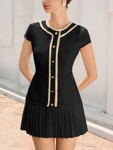 Aveloria Rosie New Elegant Vintage French Style Tweed Patchwork Pleated Metal Button Decor Round Neck Lantern Sleeve Waist Fitted Slim Women Dress - Black - View 2