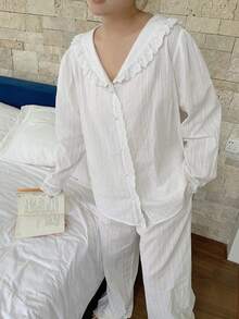 Dazy Plus 2pcs Elegant Contrast Lace Loose Fit Peter Pan Collar Textured Fabric Sleepwear Set - White - View 6