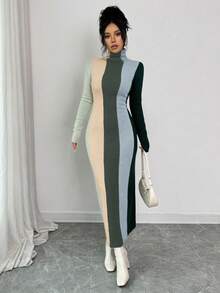 SHEIN Elenzya 女士撞色高领针织修身中长连衣裙，优雅时尚，适合秋冬季穿着 - 彩色 - 查看 6