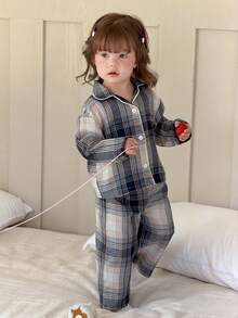 DAZY Baby Girl Plaid Long Sleeve Top And Pants Pajama Set Toddler Girls Clothes - Blue - View 5