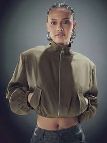 Denimoi 轻薄翻盖口袋拉链短款夹克 春季夹克 落肩夹克 - 軍綠色 - 查看 6