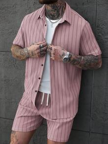 SLATEMANN Men's Front Button Striped Short Sleeve Casual Shirt Set, Summer - Pink - View 4