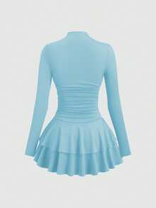 SHEIN PETITE Váy cổ cao tay dài màu đỏ nhún eo cổ điển dành cho nữ, Thu/Đông - Màu xanh nhạt - Xem 2