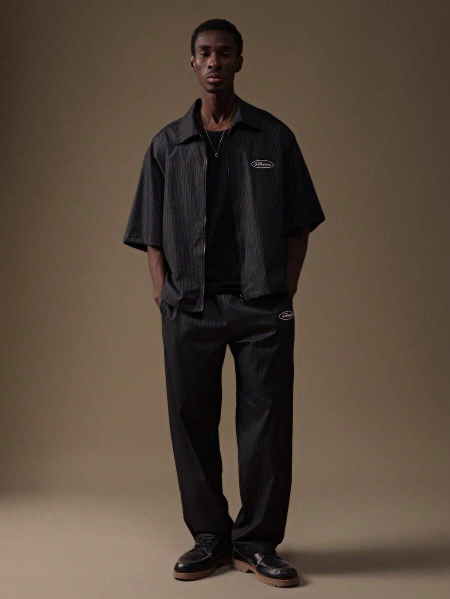 SUMWON Conjunto Co-Ord de Camisa com Botões e Listras Texturizadas com Calça Reta Combinando, Look Casual - Preto - Visão 1