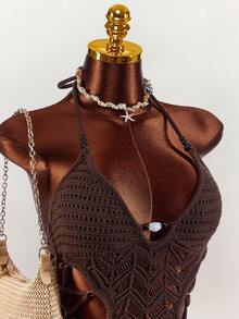 Amplova Women's Crochet Beaded Dress, Sexy And Avant-Garde, Suitable For Vacation Outfit, Sexy Hollow Boho Style - Brown - View 10
