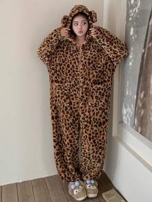 Dazy Plus 保暖内衬豹纹连帽宽松加大码女式连体睡衣 - 棕色 - 查看 8