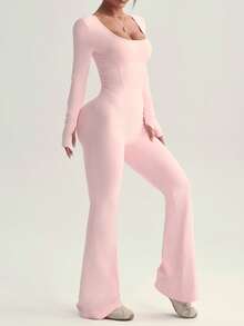 Dewbera 女式秋冬连体裤，黑色紧身 U 领长袖，交叉后背带，贴身前片，喇叭裤脚，适合休闲、跑步、瑜伽、健身、网球等活动 - 粉色 - 查看 5
