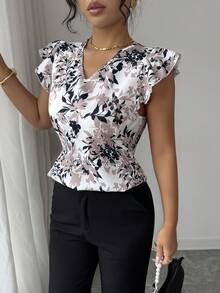 SHEIN Elenzya Blusa elegante con estampado floral, cuello en V y mangas con volantes - Multicolor - Ver 5
