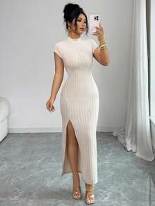 Elenzga Vestido casual y elegante para mujer, con cuello alto, manga raglán, acanalado, con cintura y abertura lateral - Albaricoque - Ver 3