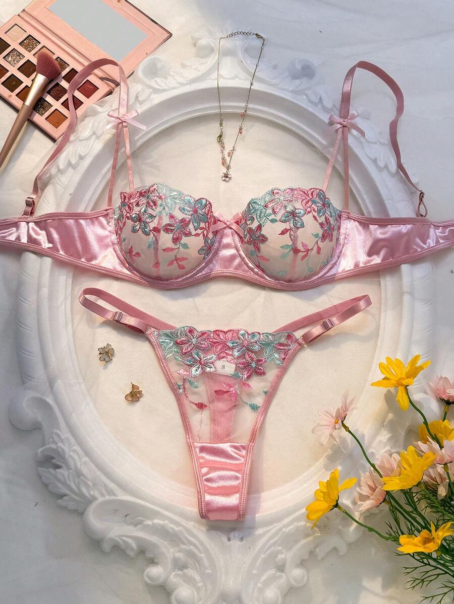 2pcs/Set Romantic Floral Embroidery Sexy Lingerie Set For Women Valentine's Floral Lingerie Set Pink Lingerie Set Underwire Lingerie Set Moo Moo Satin Lingerie Set Gaine