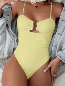 Bonvoyette Áo tắm liền thân nữ màu trơn, trang trí kim loại, xếp ly - Màu vàng ngỗng - Xem 4