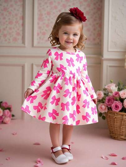 SHEIN Estilo de vacaciones de manga larga, cómodo y casual con estampado de mariposas rosa dulce y de impresión completa para bebé niña en otoño