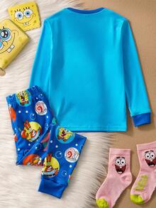 SpongeBob SquarePants | SHEIN Conjunto de pijama de niño pequeño con parte superior de manga larga con cuello redondo y leggings con estampado de dibujos animados, cómodo, para otoño - Azul - Ver 2