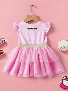 HELLO KITTY AND FRIENDS | SHEIN Baby Girl Cute Cartoon Pattern Contrast Mesh Summer Dress