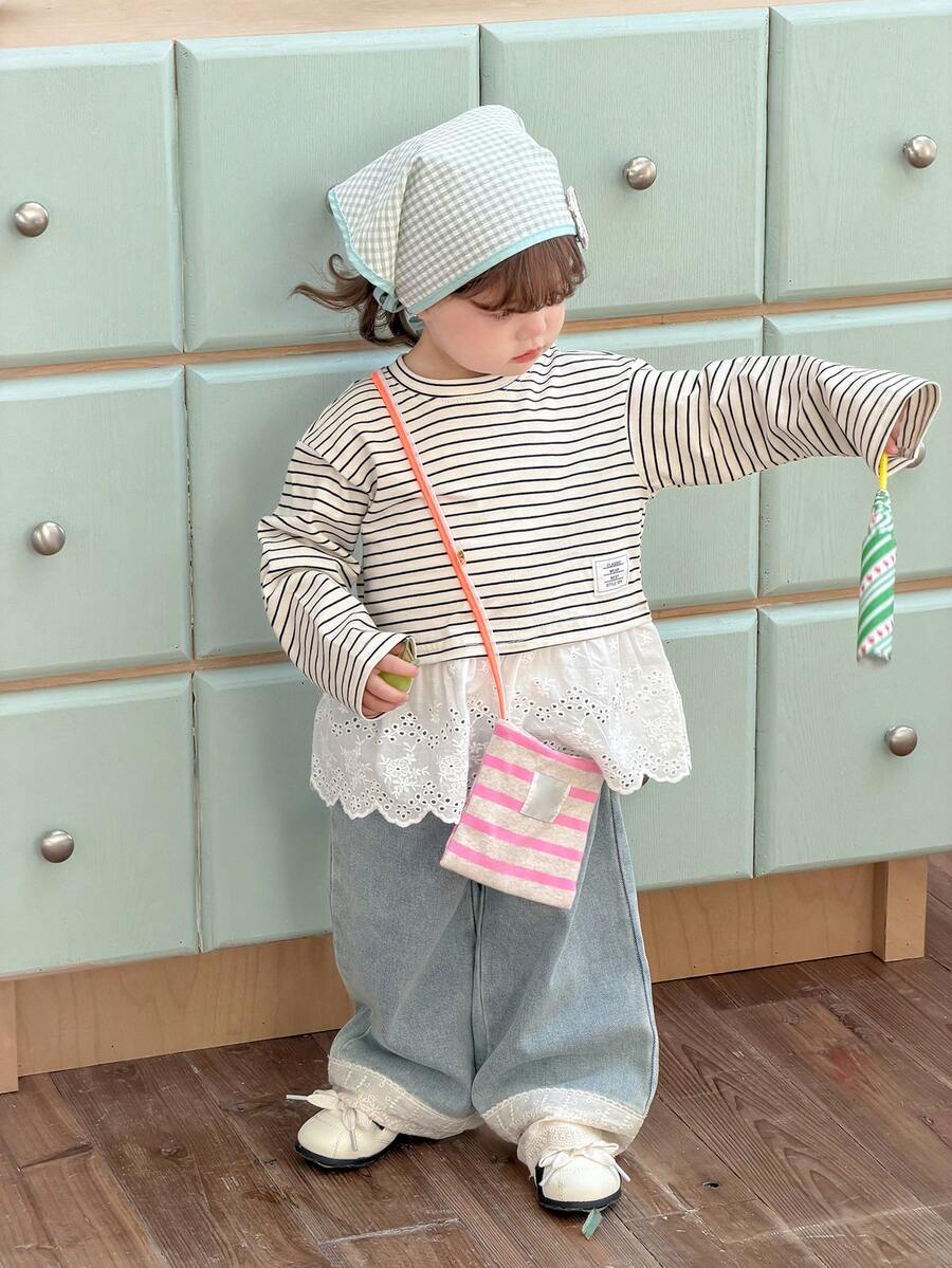 DAZY Toddler Girls' Round Neck Striped Long Sleeve Ruffle Casual T-Shirt - Apricot - View 1