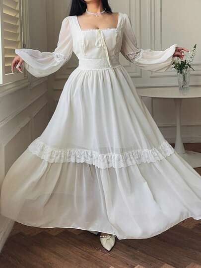 Vibekara Spring, Summer, Fall Elegant Vacation Chiffon Contrast Lace Trim Puff Sleeve Square Neck Asymmetrical Hem Dress, Flared Waist Slimming Lolita Birthday Dresses For Women