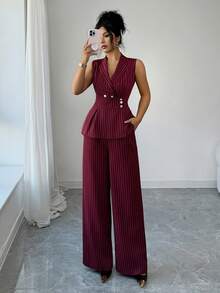 Elenzga 女士酒红色条纹独特设计无袖西装外套，V领纽扣前襟，收腰宽松阔腿裤，高品质优雅生日礼物，适合约会、派对、正式场合、品酒会、音乐节、情人节、复活节、劳动节、返校季、单身派对、节日装扮、春季套装，小众设计无袖西装外套搭配宽松阔腿裤，优雅两件套。 - 酒紅色 - 查看 1