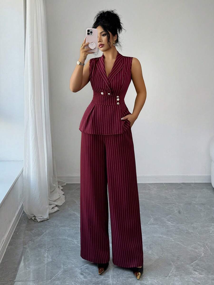 Elenzga 女士酒红色条纹独特设计无袖西装外套,V领纽扣前襟,收腰宽松阔腿裤,高品质优雅生日礼物,适合约会、派对、正式场合、品酒会、音乐节、情人节、复活节、劳动节、返校季、单身派对、节日装扮、春季套装,小众设计无袖西装外套搭配宽松阔腿裤,优雅两件套。 - 酒紅色 - 查看 1
