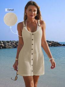 Swim Lushoire 女士夏季度假沙滩纯色纹理面料高弹无袖纽扣装饰白色罩衫 - 杏色 - 查看 1