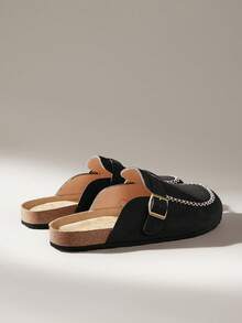 Solecia Novos Sapatos Femininos Planos de Enfiar, Chinelos Semi-Fechados com Detalhes de Costura, Feitos de Material PU com Textura de Camurça, Confortáveis e Versáteis, Adequados para Sair, Ir ao Trabalho e Fazer Compras. - Preto - Visão 4