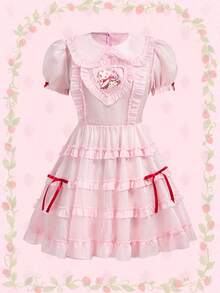 Strawberry Shortcake | ROMWE Robe courte à manches bouffantes mignonne et douce de style Lolita Kawaii - Rose bonbon - Voir 1