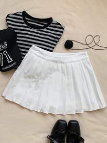 SHEIN EZwear 女性運動打底褲,配褶皺網球裙覆蓋 - 白色 - 查看 3