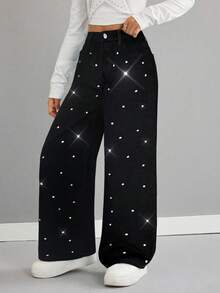 SHEIN 少女Y2K浅色水洗水钻装饰口袋阔腿宽松休闲牛仔裤，闪亮水钻宽松阔腿牛仔裤，秋冬休闲牛仔裤，宽松牛仔裤，机场休闲，阔腿裤，街头风，趣味牛仔裤，返校季，优雅派对闪亮，圣诞节 - 黑色 - 查看 6