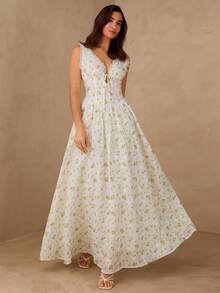 Enchnt New Arrival Spring/Summer Romantic V-Neck Tie Waist-Cinching Fashionable Yellow Flowers Embroidered Dress,Chic&Elegant For Date&Going Out&Vacation&Valentine's Day&Beach Dress, Women Vacation Outfits Women ,Outfits Beach Dress Beach ,Holiday Outfit For Women,Elegant Dresses For Women - Multicolor - View 2