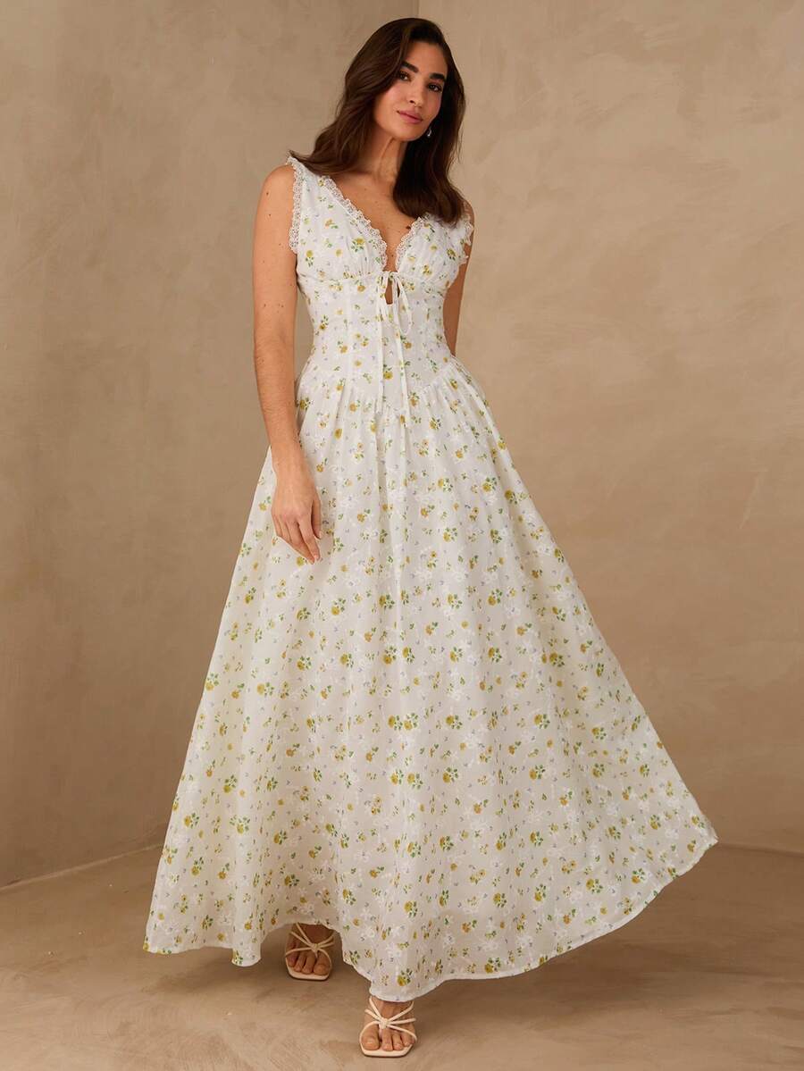 Enchnt New Arrival Spring/Summer Romantic V-Neck Tie Waist-Cinching Fashionable Yellow Flowers Embroidered Dress,Chic&Elegant For Date&Going Out&Vacation&Valentine's Day&Beach Dress, Women Vacation Outfits Women ,Outfits Beach Dress Beach ,Holiday Outfit For Women,Elegant Dresses For Women