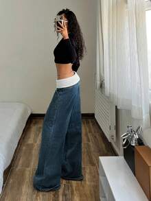 StreetHx 女士休闲水洗撞色腰带阔腿牛仔裤 - 藍色 - 查看 7