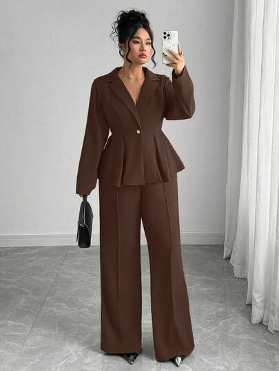 Elenzga 2pcs Plus Size Women's Elegant Blazer & Flare Pants Suit Set, European & American Style, Slimming Fit, Professional Commuter Outfit Business Casual Woman Woman Suit Brown Set Women Two Piece Outfits