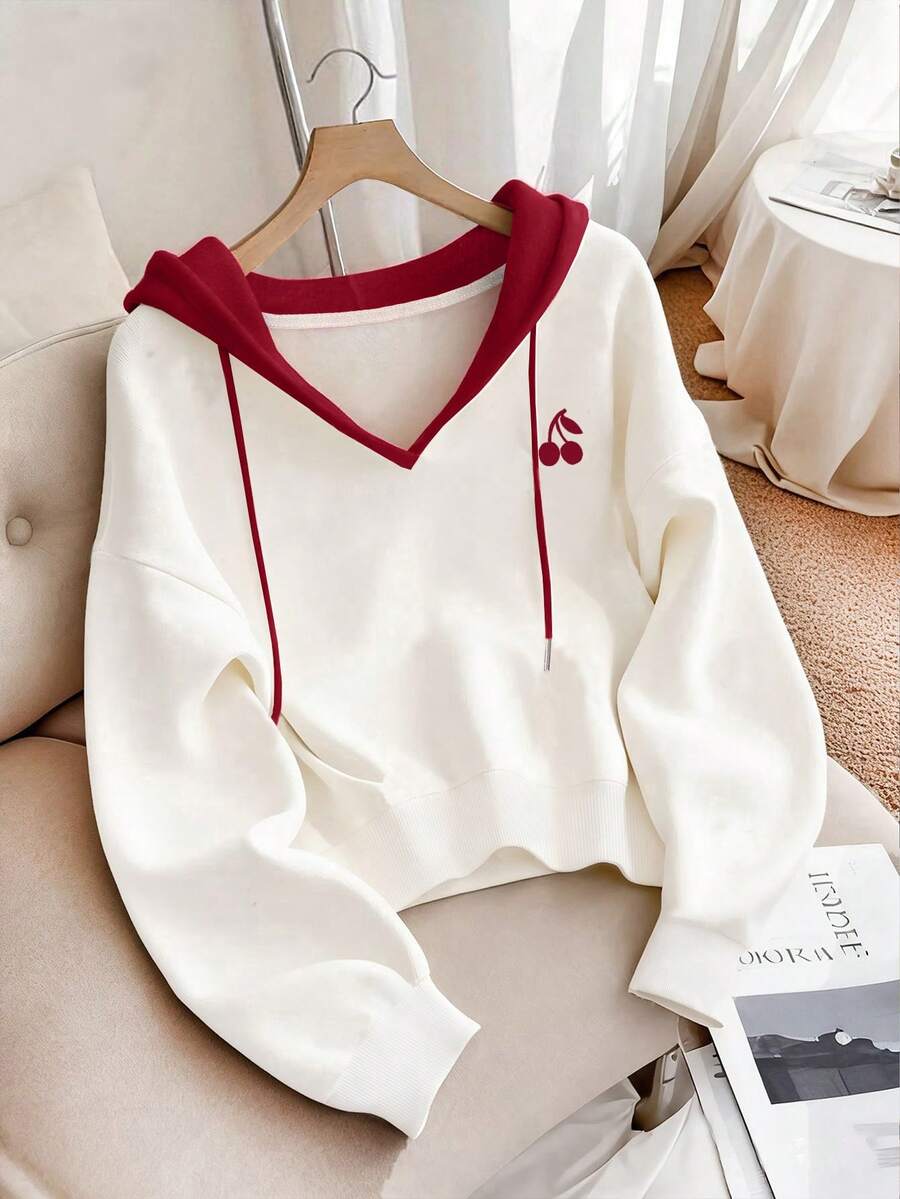SHEIN 女士套头卫衣，秋季新款，红白撞色，连帽长袖上衣，秋冬新品，秋季衬衫，樱桃印花设计 - 彩色 - 查看 1