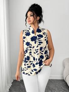 Elenzga Plus Size Women Floral Print V-Neck Sleeveless Blouse - Apricot - View 3