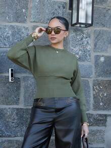 Melissa Matos Casual Round Neck Drawstring Waist Slim Fit Solid Color Knit Sweater, Versatile For Autumn/Winter - Green - View 6