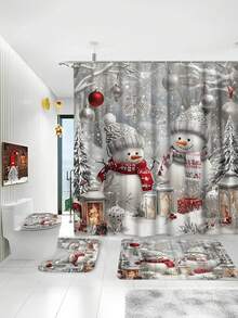 4pcs Winter Snowman Christmas Bathroom Curtain Set With Anti-Slip Bath Mat, U-Shaped Toilet Lid Cover And Rug - Polyester Waterproof Bathroom Decor, Machine Washable, Includes 12 Hooks, Waterproof, Woven Snowflake Pattern - Multicolor - View 7
